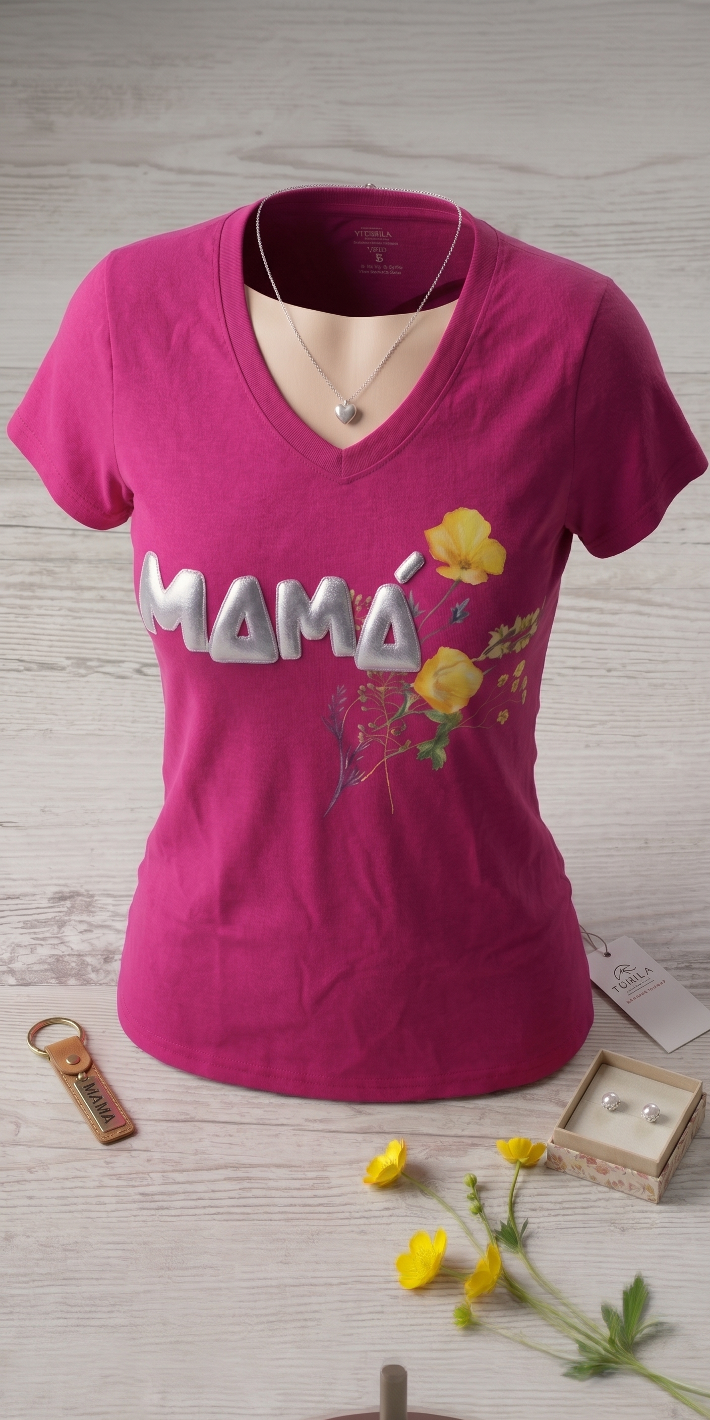 Camiseta Especial Mamá Fucsia Letra Relieve Plateada Premium